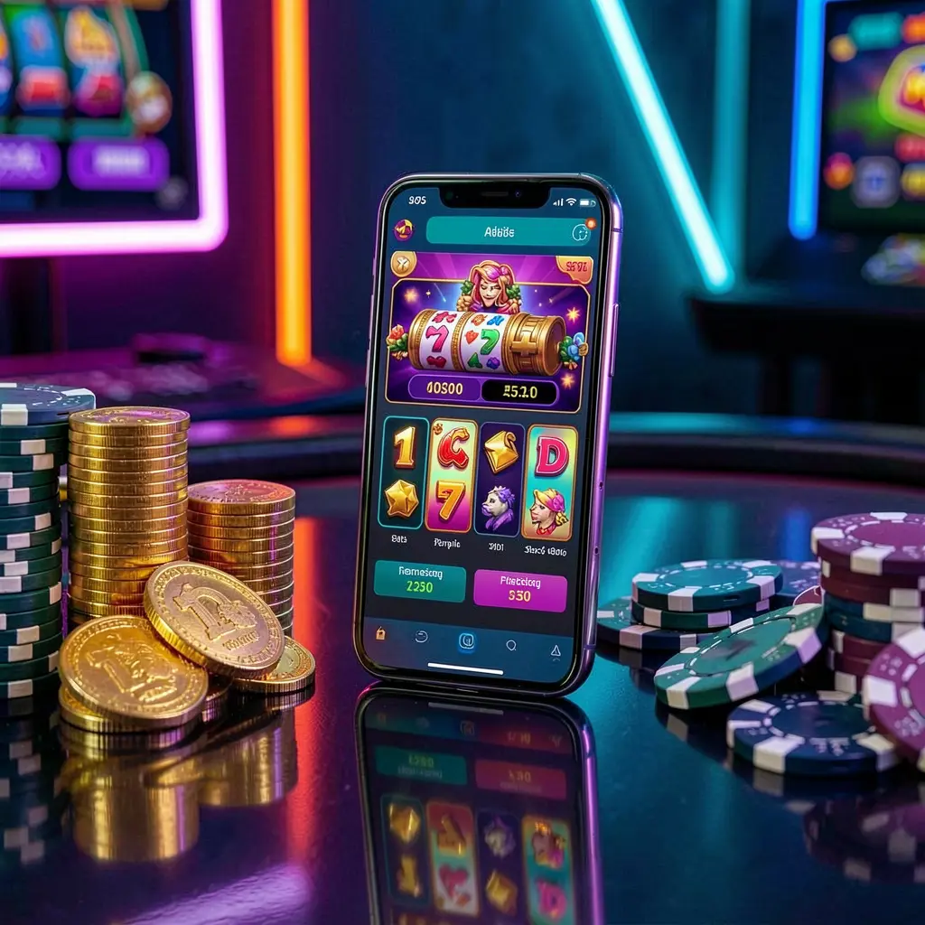 JL37 mobile casino dashboard on smartphone displaying colorful gaming interface with golden coins and poker chips on glossy table under elegant neon lighting