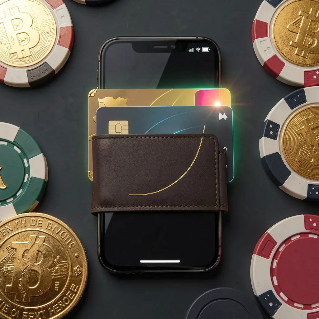 JL37 deposit bonus concept featuring a smartphone wallet with a glowing payment card, surrounded by golden coins and poker chips in a modern mobile casino style