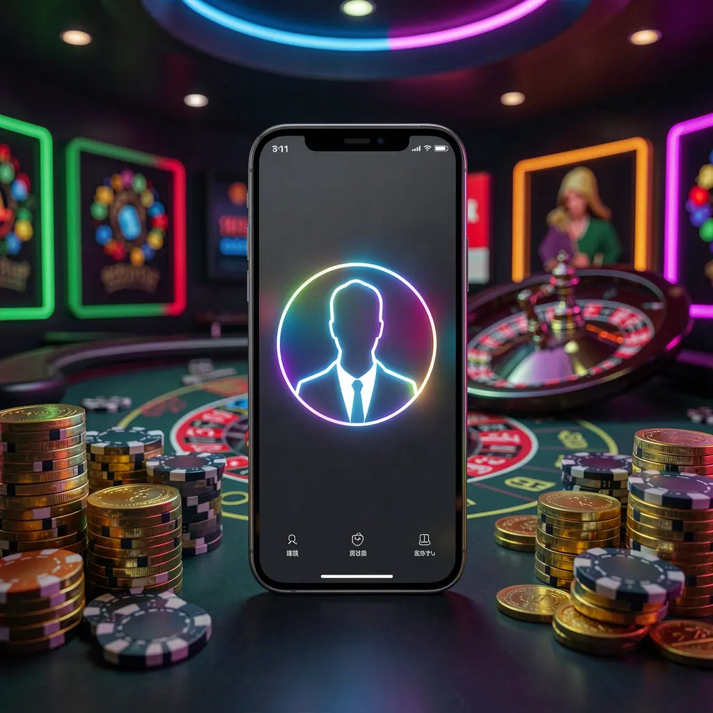 JL37 online casino login screen featuring a modern phone with a glowing profile icon, roulette lights in the background, and golden coins and poker chips in a premium dark neon atmosphere