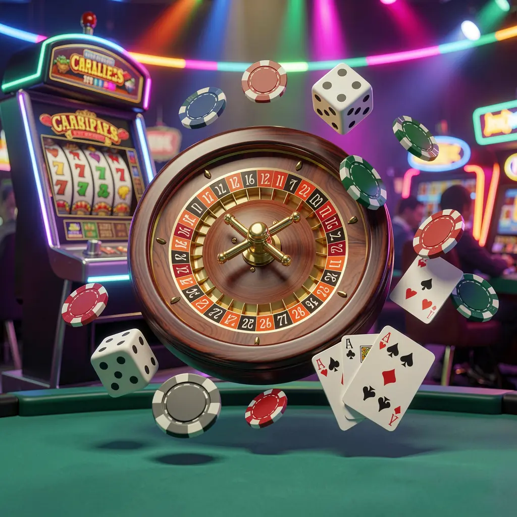JL37 casino games collection homepage visual featuring a slot machine, roulette wheel, dice, playing cards, and poker chips floating together with colorful neon lights in a premium 3D render